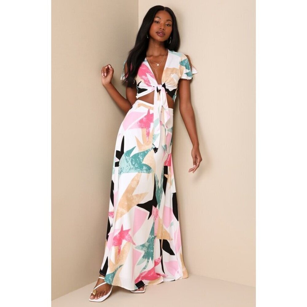 Lulu's Pastel Abstract Tie-Front Maxi Dress in Pink, Teal, Beige, Black